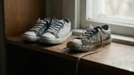 Un paio di scarpe da ginnastica vissute accanto a una scarpa singola e infangata su un davanzale, simbolo del lutto fraterno in adolescenza e del vuoto lasciato.