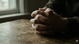 Dettaglio di mani tese e nervose strette su un tavolo di legno, rappresentazione fisica del senso di colpa del sopravvissuto e della tensione post-traumatica.