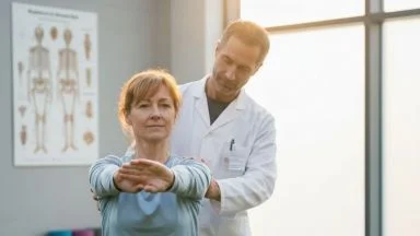 Dolore cronico: donna esegue esercizio fisico con il supporto dello specialista