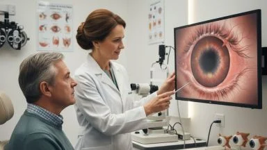 Maculopatia secca: medico oculista mostra al paziente lo stato della macula