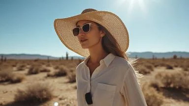 Prevenzione Melanoma: donna con cappello a tesa larga, occhiali da sole e vestiti leggeri coprenti per proteggersi dai raggi UV