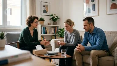 Coppia in crisi nello studio dello psicologo giuridico che segue la separazione coniugale