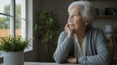 Donna anziana sola osserva dalla finestra