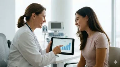 Consulto medico tra oncologa e giovane paziente sulla terapia ormonale per la prevenzione delle recidive di tumore al seno.