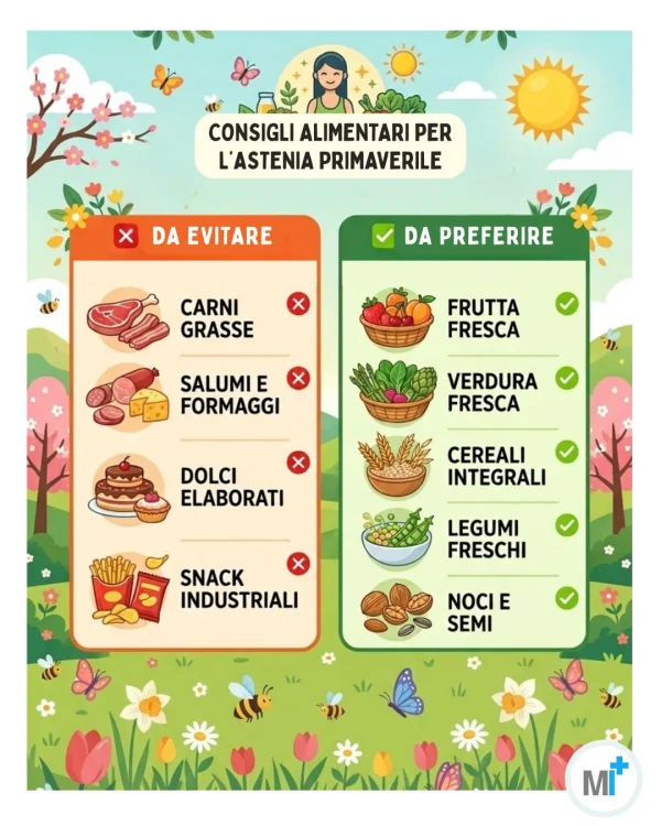 Consigli alimentari per l'astenia primaverile: cosa mangiare e cosa evitare - infografica