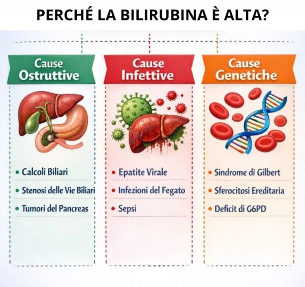 Suddivisione delle varie cause della bilirubina alta