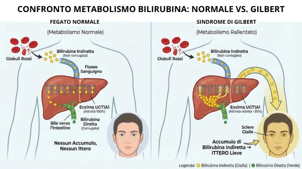 Confronto tra metabolismo della bilirubina normale e nella sindrome di Gilbert
