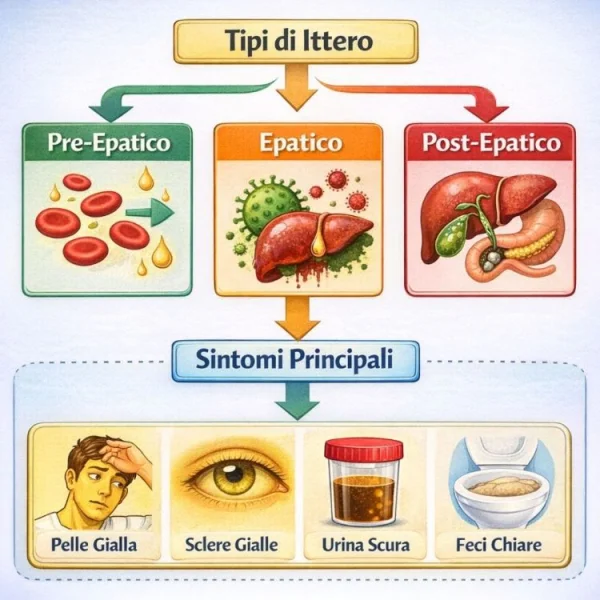 Rappresentazione grafica delle tre tipologie di ittero: pre-epatico, epatico, post-epatico